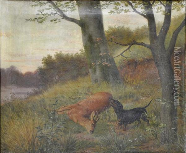 Jagdszene Mitdackel Vor Rotwild Oil Painting - Friedrich Emil Klein