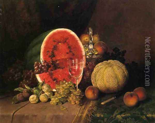 Still Life with Watermelon, Grapes, Peaches, Plums and Cantaloupe Oil Painting - William Mason Brown