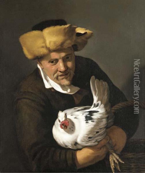 A Poulterer In A Fur Hat Holding A Hen And A Basket Oil Painting - Hendrick Bloemaert