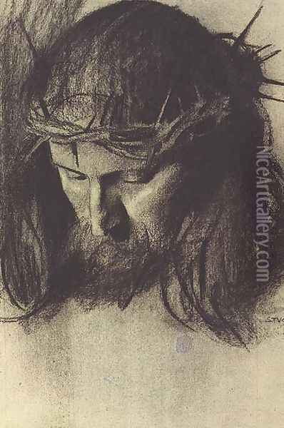 Head of Christ, c.1890 Oil Painting - Franz von Stuck