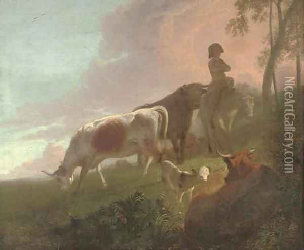 A landscape with a mounted drover and his cattle at twilight Oil Painting - Jacob Van Stry