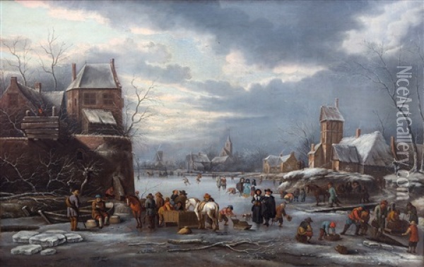 A Winter Landscape With Numerous Villagers On A Frozen Lake Oil Painting - Nicolaes Molenaer