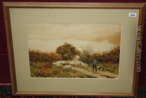 Shepherd With Sheep In Rural Lane Oil Painting - Walter Sydney Stacey