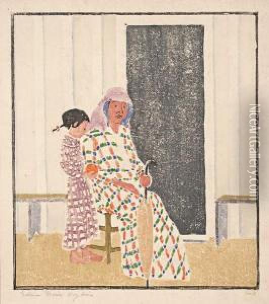 [femme Assise Au Parapluie Avec Petite Fille]. Oil Painting - Edna Boies Hopkins