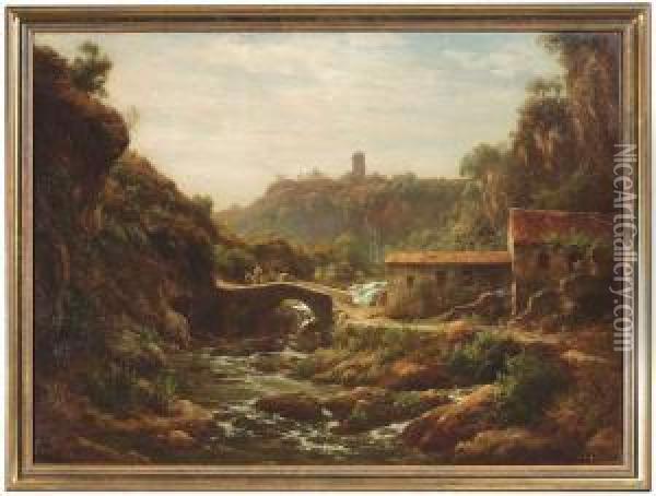 Adolph . Southern Landscape With A Homestead At An Arch Bridge Oil Painting - Adolf Joh. Hoeffler