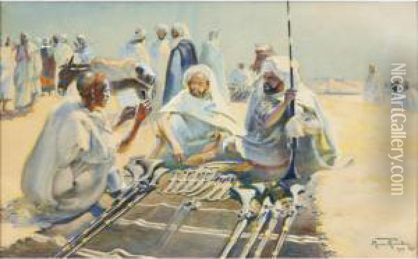 Marchands D'armes Au Souk El Khemis Oil Painting - Maurice Romberg De Vaucorbeil