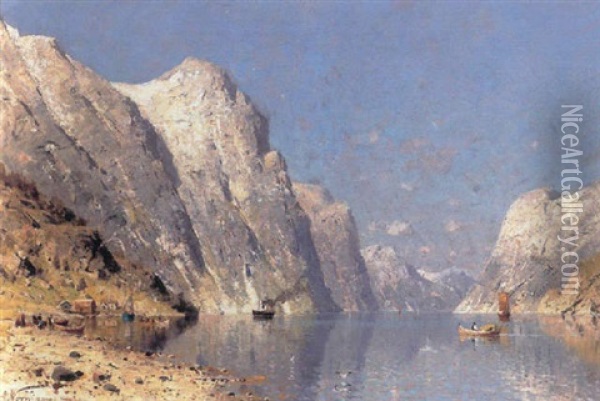 Norsk Fjordparti Med Dampskib Og Robad Oil Painting - Adelsteen Normann