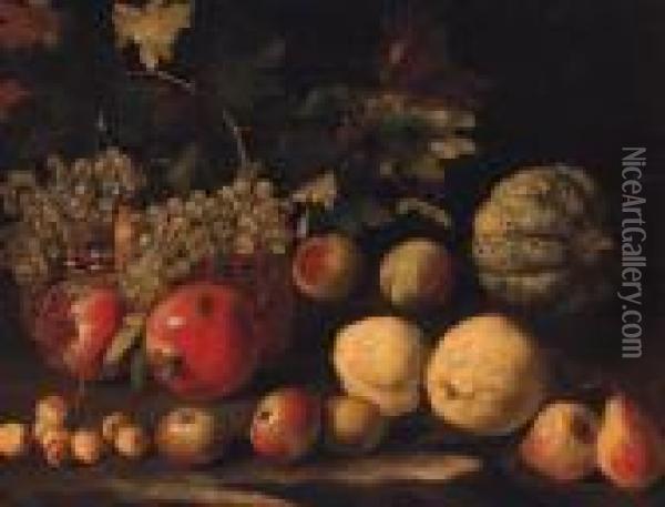 Grapes In A Basket With A Melon, Pomegranates, Peaches, Pears,apples And Cherries Oil Painting - Abraham Brueghel