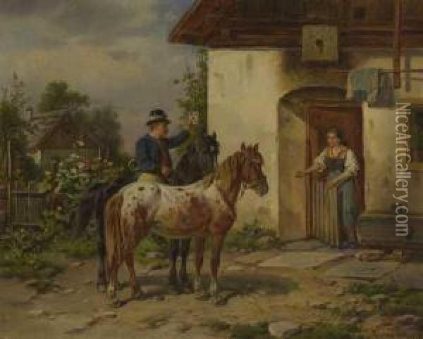 Der Postillon Uberbringt Der Bauerin Einen Brief. Oil Painting - Adolf van der Venne
