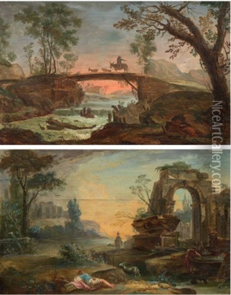 Capricci Architettonici (pair) Oil Painting - Charles-Louis Clerisseau