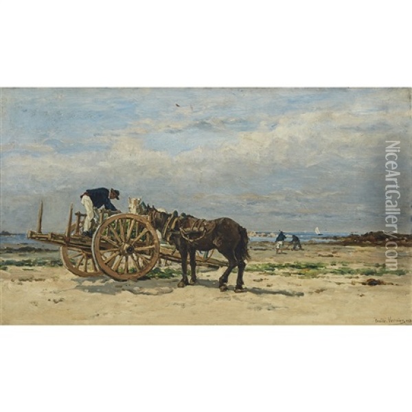 Horses And Wagon On Beach Oil Painting - Emile Louis Vernier