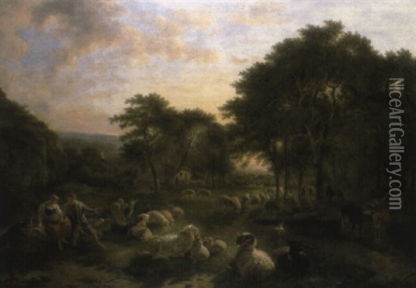 A Shepherd And Shepherdess With Sheep In Wooded Landscape Oil Painting - Balthasar Paul Ommeganck