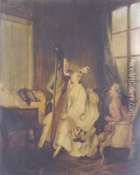 L'accord Parfait: A Lady Playing The Harp For Two Young Men Oil Painting - Jean Michel Moreau le Jeune