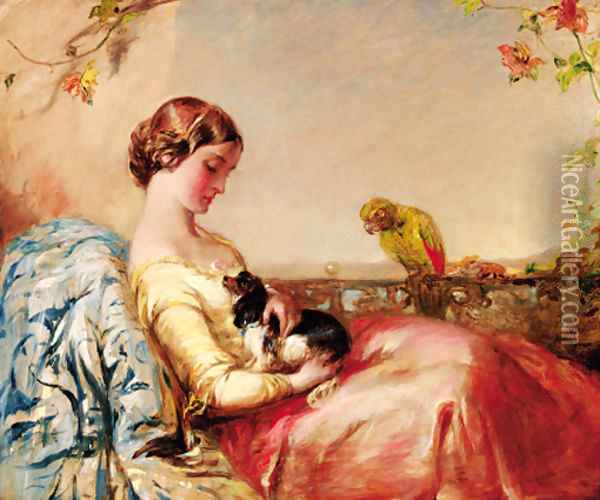 The Lap Dog Oil Painting - Alfred Woolmer
