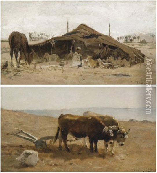Scene De Labour, Afrique Du Nord (+ Campement Oriental, Lrgr; 2 Works) Oil Painting - Paul Vayson