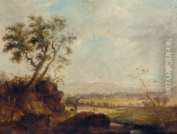 Figures In An Extensive Landscape Oil Painting - Patrick Nasmyth