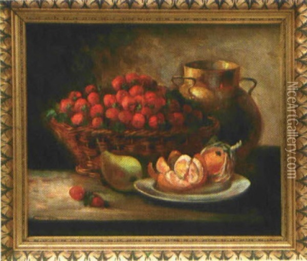 Stilleben Mit Erdbeeren Im Korb, Orangen, Einer Birne Sowie Einem Messingkessel Oil Painting - Francois Xavier Krugler