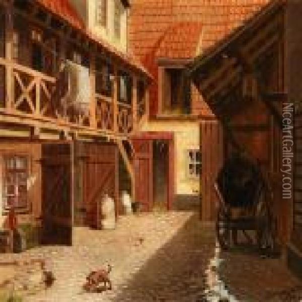 Yard With A Puppy Playing Oil Painting - Fritz Staehr-Olsen