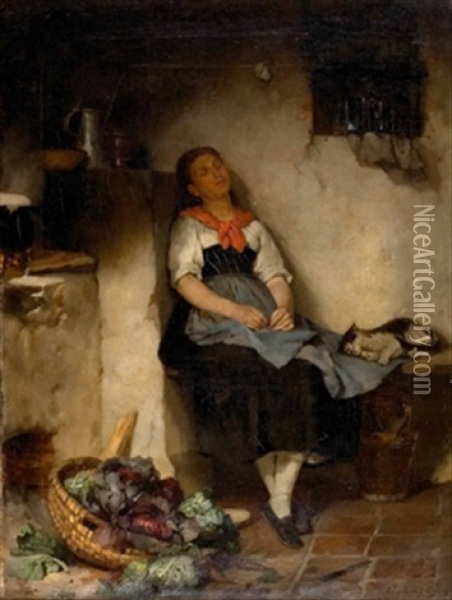Eingenicktes Bauernmadchen In Der Kuche Oil Painting - Eduard Niczky