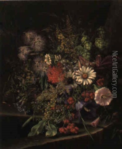 Still Life Of Summer Fruit And Flowers Oil Painting - Adelheid Dietrich