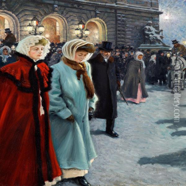 After The Performance Outside Det Kongelige Teater Oil Painting - Paul-Gustave Fischer