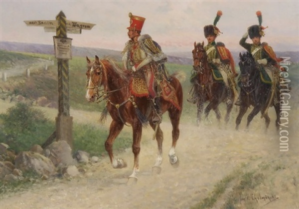 Napoleonische Husaren An Einer Wegkreuzung Oil Painting - Jan van Chelminski