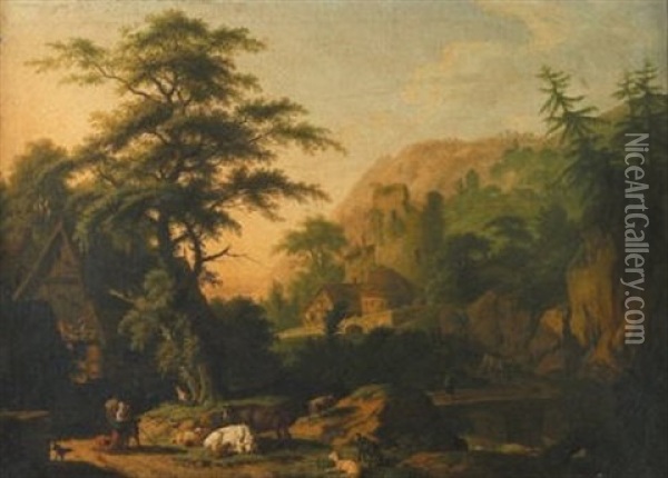 Paysage De Montagne Et Troupeau Oil Painting - Jacob Philipp Hackert