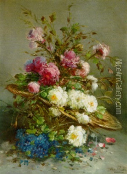 Still Life With Flowers In A Wicker Basket Oil Painting - Henry Schouten
