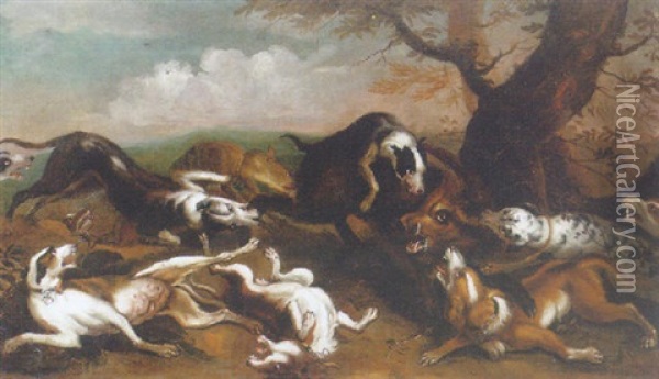 A Boar Hunt Oil Painting - Abraham Danielsz Hondius