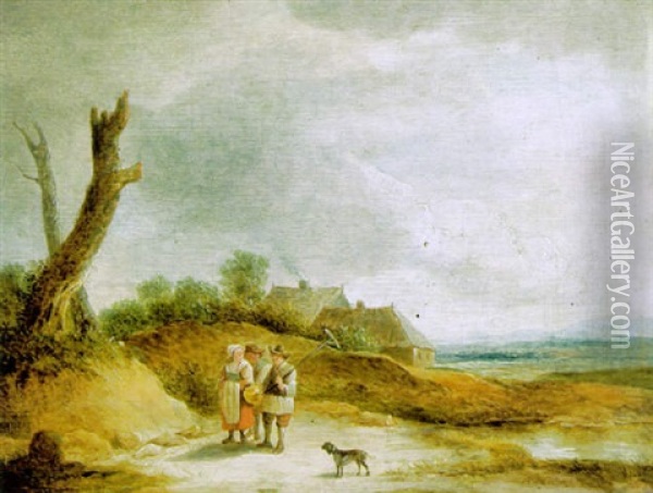 Drei Bauern Mit Einem Hund In Einer Landschaft Oil Painting - Thomas Van Apshoven
