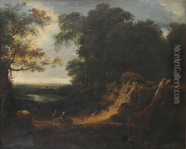 Heuvelachtig Landschap Met Reizigers In De Buurt Van Water En Dorp Oil Painting - Jaques D'Arthois