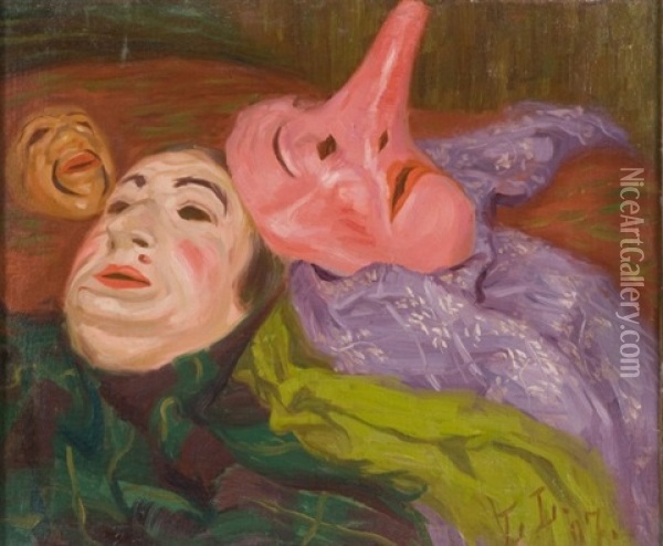 Les Masques De Comedie Oil Painting - Raphaeel Leon Leguilloux