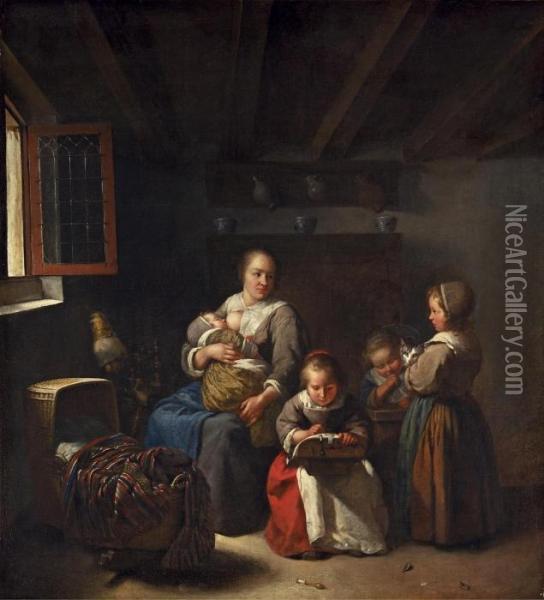 Mutter Mit Kindern Oil Painting - Caspar Netscher