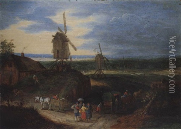 An Open Landscape With Travellers Conversing Before A Windmill Oil Painting - Jan Brueghel the Elder