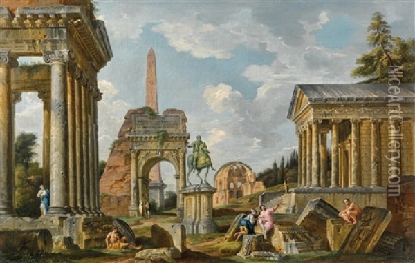 An Architectural Capriccio With Figures Among Roman Ruins Including The Temple Of Saturn (collaboration W/workshop) Oil Painting - Giovanni Paolo Panini