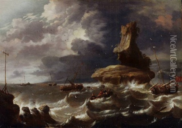 Fishing Boats Off The Coast Caught In A Gale Oil Painting - Cornelis Mahu