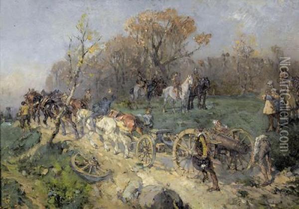 Soldaten Mit Pferdetreck Und Kanone Oil Painting - Paul Burmeister