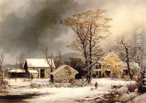 Winter in the Country, A Cold Morning Oil Painting - George Henry Durrie