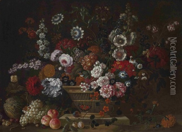 Groses Stillleben Mit Blumen, Fruchten Und Einem Schmetterling Oil Painting - Pieter Casteels III