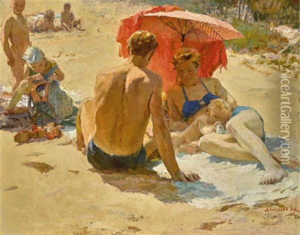 On The Beach Oil Painting - Mikhail Irodionovich Dashkevich