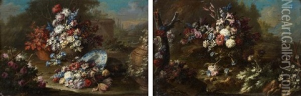 Bouquets De Fleurs Pres D'un Arbre, Bouquet De Fleurs Avec Une Assiette En Porcelaine (pair) Oil Painting - Gasparo Lopez