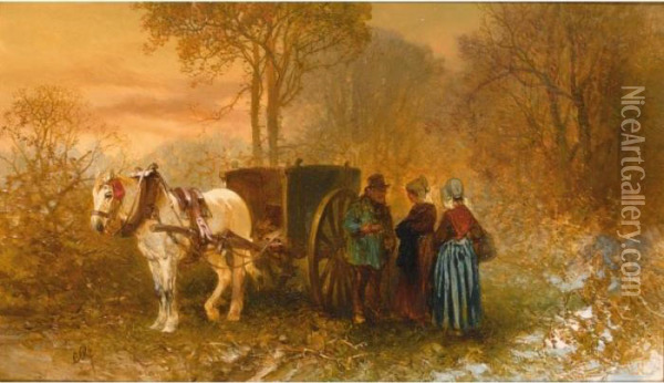 Travellers By A Horse And Cart In A Wooded Landscape Oil Painting - Charles Rochussen