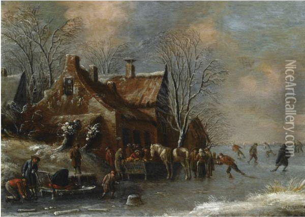 A Winter Landscape With Figures 
Skating On A Frozen River,others Conversing And Feeding A Horse Outside A
 Village Oil Painting - Thomas Heeremans