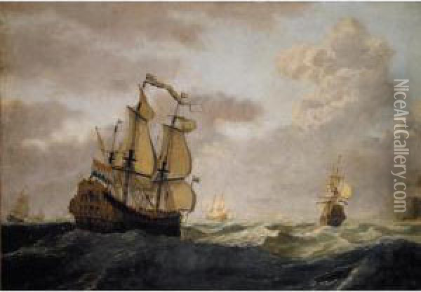A Squadron Of Dutch Men-of-war In Open Seas Oil Painting - Gerrit Pompe