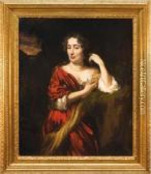 Retrato De Dama Convestido Rojo En Un Paisaje Oil Painting - Nicolaes Maes