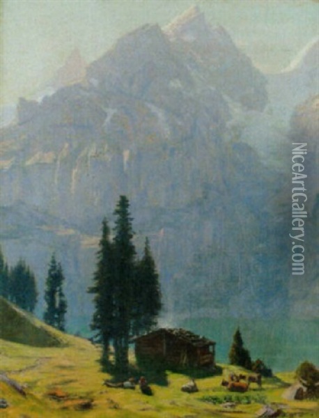Hirtenpartie In Den Alpen Oberhalb Eines Sees Oil Painting - Albert Henri John Gos