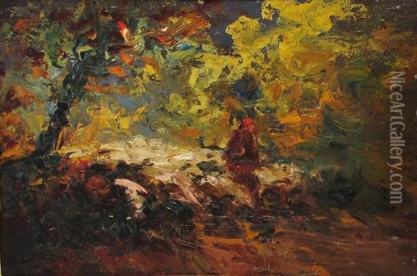 Schafherde Auf Einem Waldweg Oil Painting - Andre Prevot-Valeri
