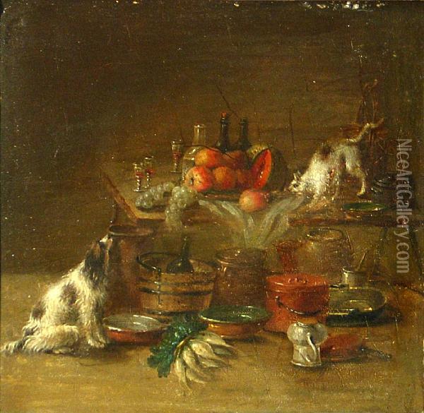 A Still Life In A Kitchen Interior With A Dogand A Cat Oil Painting - Paul Lelong