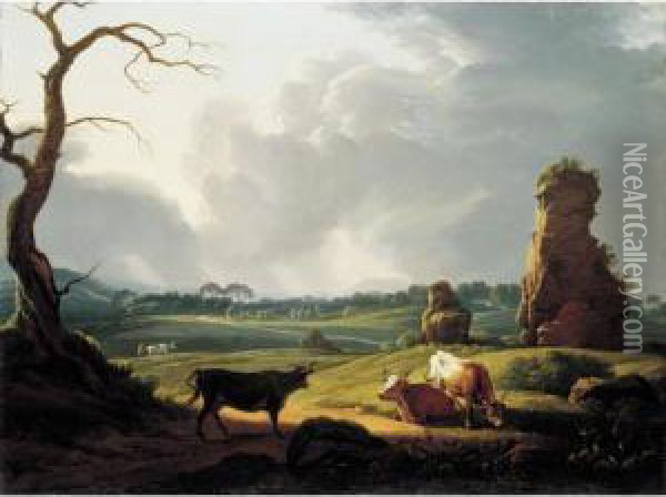 A View Of The Roman Campagna With Cattle Grazing And A Storm Approaching Oil Painting - Hendrik Voogd