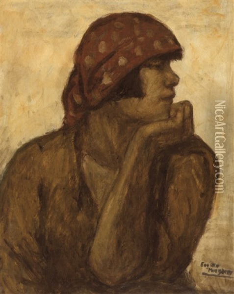 Woman Sewing Bags (1924) Oil Painting - Eugene van Mieghem